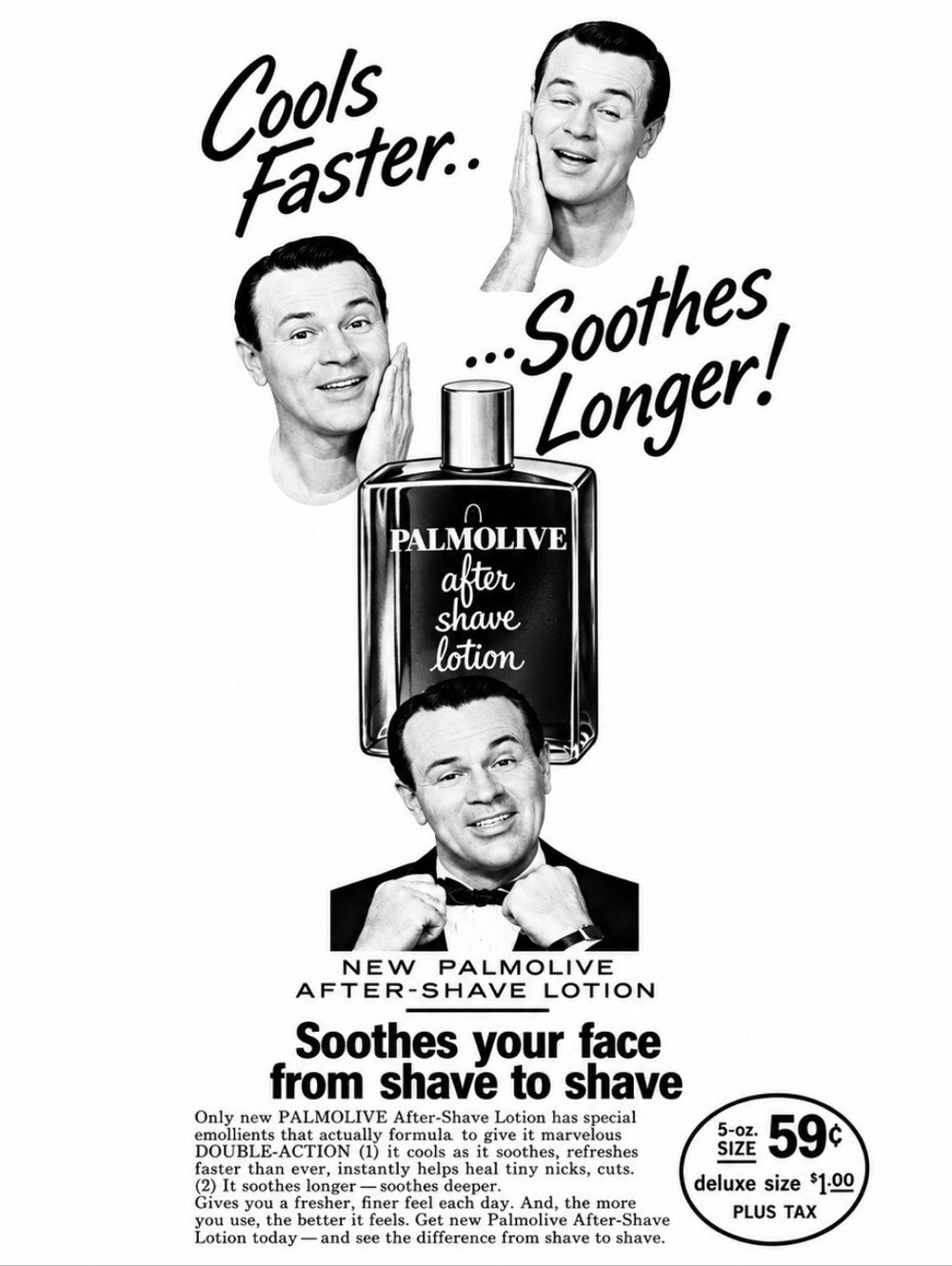 vintage 1950s black-and-white print ad for Palmolive After-Shave 4.5"×17"